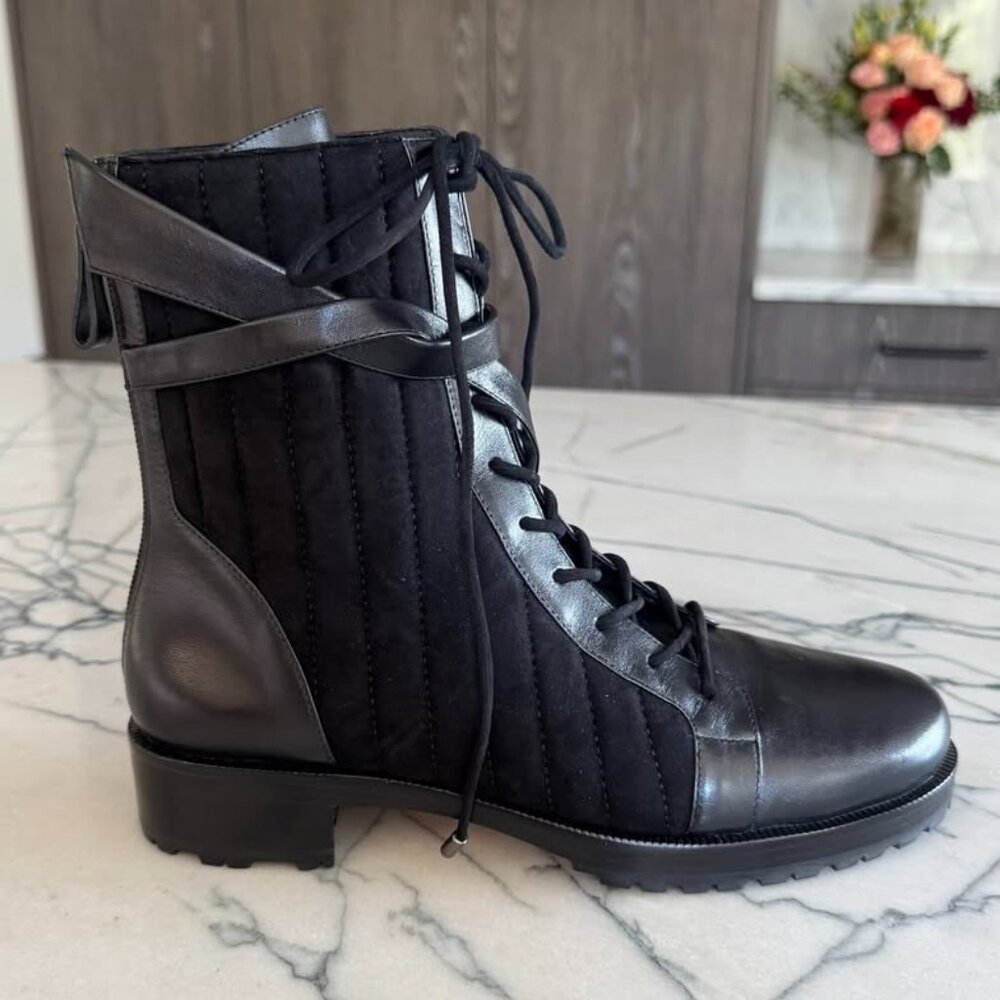 NEW ALEXANDRE BIRMAN Clarita Quilted Suede And Leather Combat Boots - Size 8